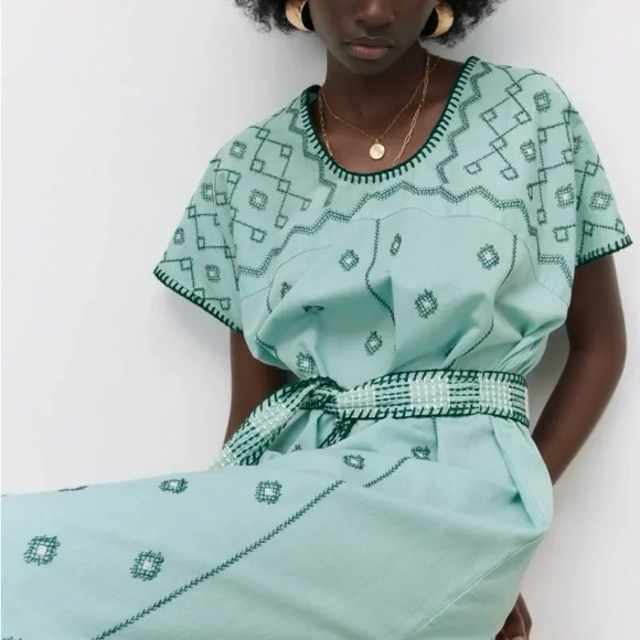 Zara Mint Green Embroidered Dress Midi Dress Kaftan Size extra small - Picture 4 of 13